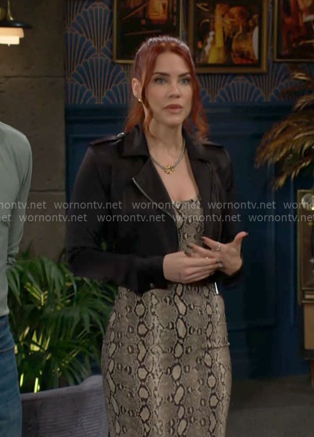 Sally's snake print dress and black satin jacket on The Young and the Restless