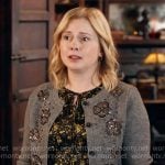 Sam's floral dress and grey embellished cardigan on Ghosts