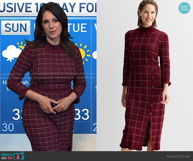 Sandra Darren Windowpane 3/4 Sleeve Sweater Dress in Wine worn by Maria Larosa on Today