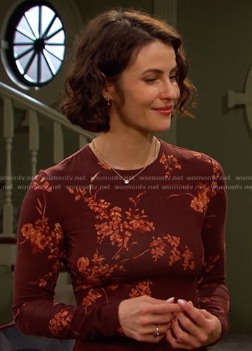 Sarah's brown floral fitted dress on Days of our Lives