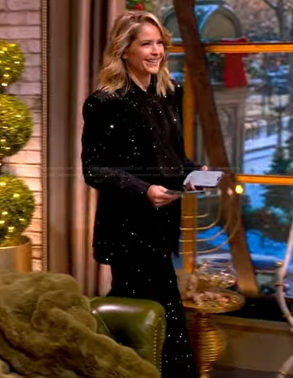 Sara’s black crystal embellished blouse and blazer on The View