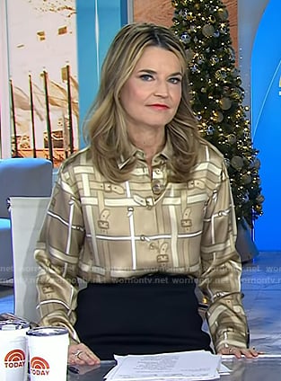 Savannah’s beige belt print button down blouse on Today