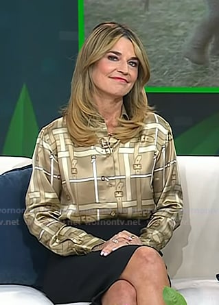 Savannah's beige belt print button down blouse on Today