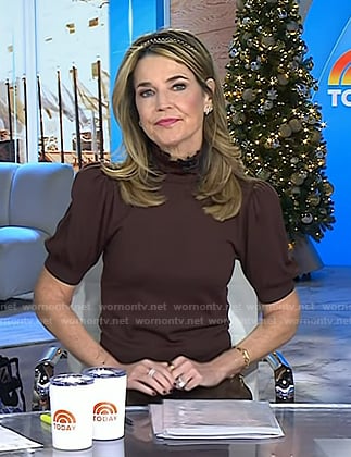 Savannah’s brown puff sleeve sweater and suede skirt on Today