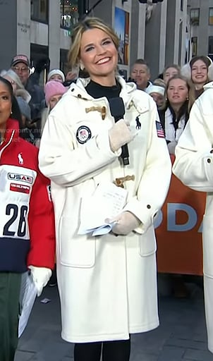 Savannah’s white toggle coat on Today