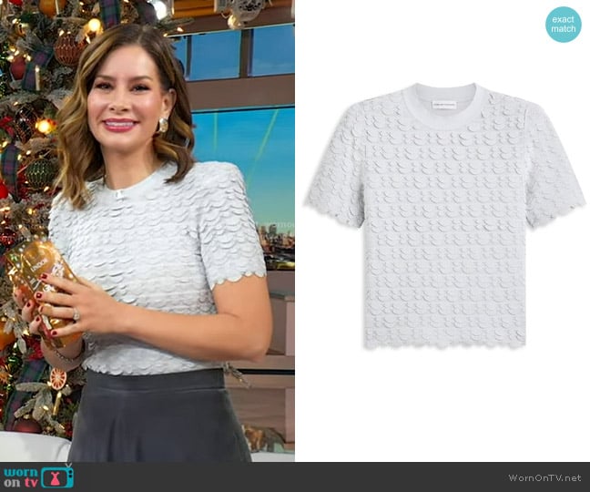 Scanlan Theodore Sparkle Scallop Sweater in Silver worn by Rebecca Jarvis on Good Morning America
