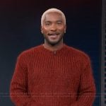 Scott’s red knit sweater on Access Hollywood