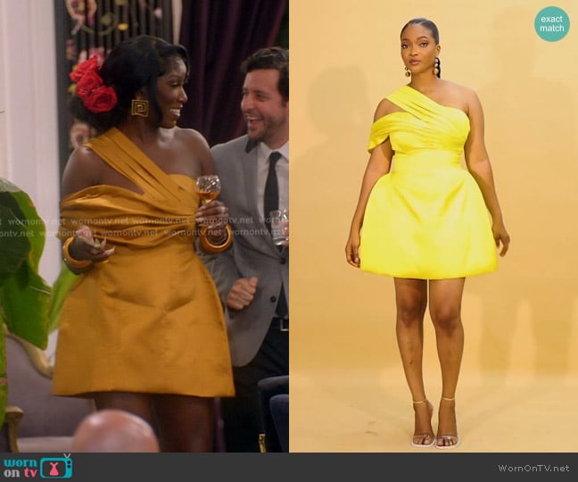 Seamstress Lagos Omotoke Liquid Organza Dress in yellow worn by Bozoma Saint John on The Real Housewives of Beverly Hills