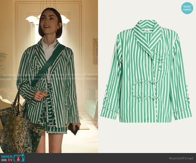 Sebline Cord-Embroidered Striped Cotton Jacket worn by Emily Cooper (Lily Collins) on Emily in Paris