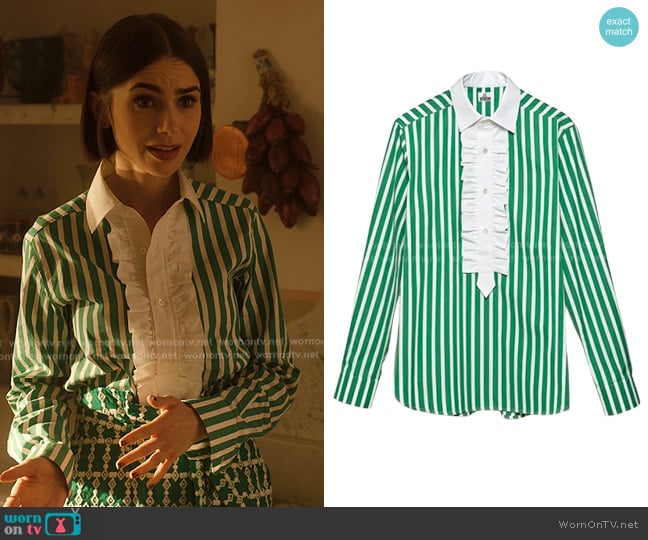 Sebline Ruffle Polo Shirt in Green worn by Emily Cooper (Lily Collins) on Emily in Paris