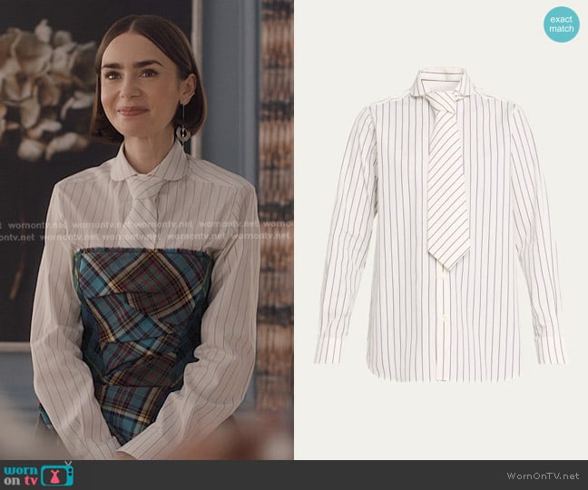 Sebline Striped Neck-Tie Button-Down Shirt worn by Emily Cooper (Lily Collins) on Emily in Paris