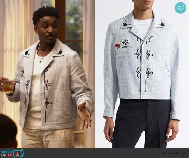 Second Layer Flora Embroidered Houndstooth Virgin Wool Shirt Jacket worn by Jazz (Jordan L. Jones) on Bel-Air