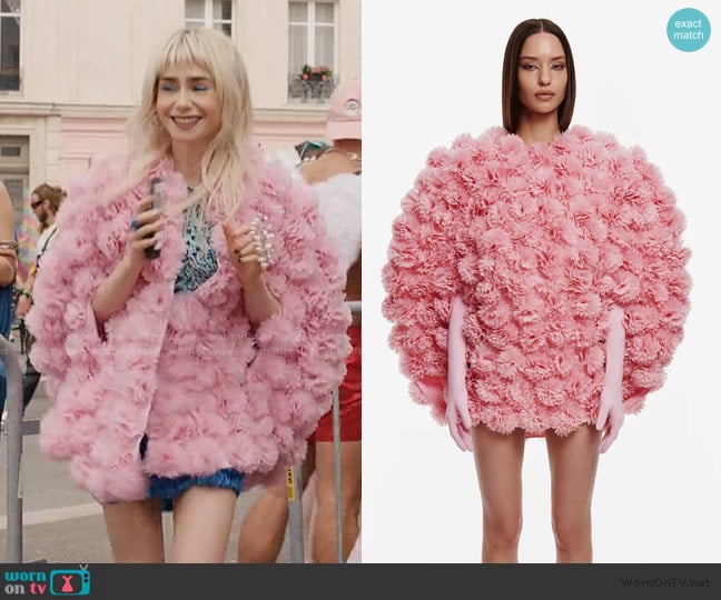 Selezza Floral-Applique Cape worn by Emily Cooper (Lily Collins) on Emily in Paris