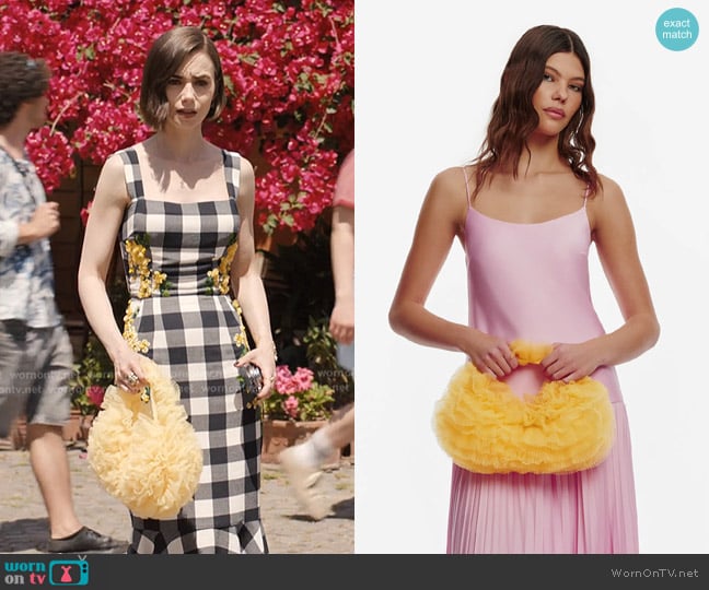 Selezza London Sadie Tulle Bag in Celestial Yellow worn by Emily Cooper (Lily Collins) on Emily in Paris