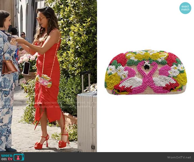 Serpui Mia Flamingo Clutch Bag worn by Mindy Chen (Ashley Park) on Emily in Paris