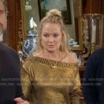 Sharon’s gold one-shoulder sweater on The Young and the Restless