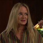 Sharon's green striped button down shirt on The Young and the Restless