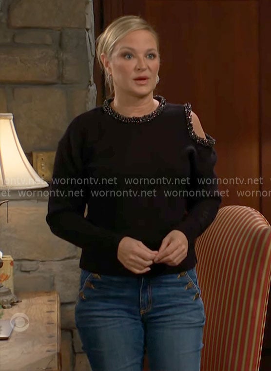 Sharon’s cutout shoulder sweater with embellished trims on The Young and the Restless