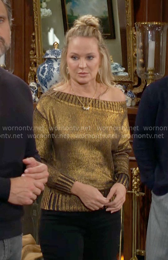 Sharon's gold one-shoulder sweater on The Young and the Restless