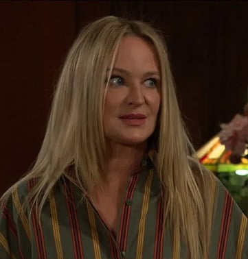Sharon’s green striped button down shirt on The Young and the Restless