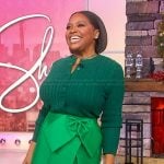 Sherri’s green cable knit sweater and skirt on Sherri