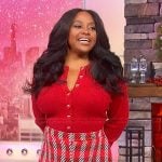 Sherri's red bow button cardigan and skirt on Sherri