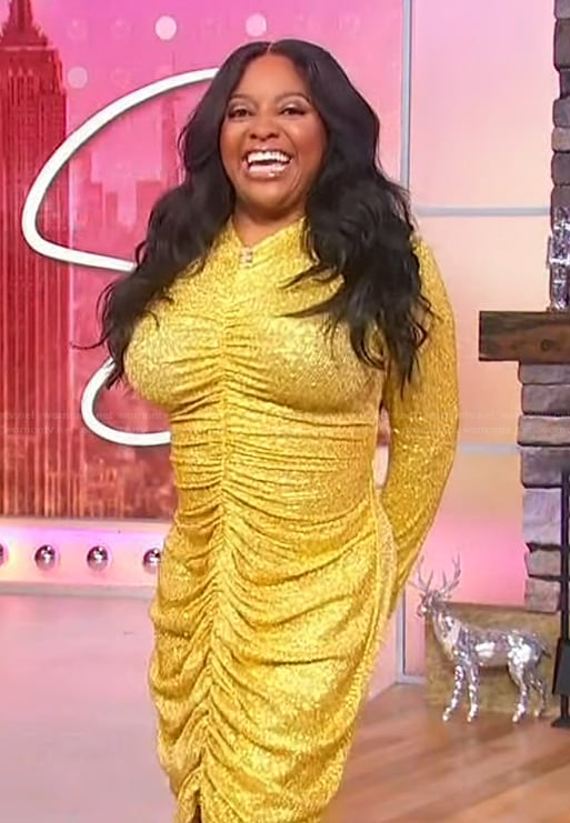 Sherri’s gold metallic ruched dress on Sherri
