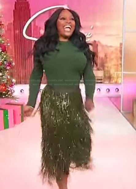 Sherri’s green sequin fringe skirt on Sherri