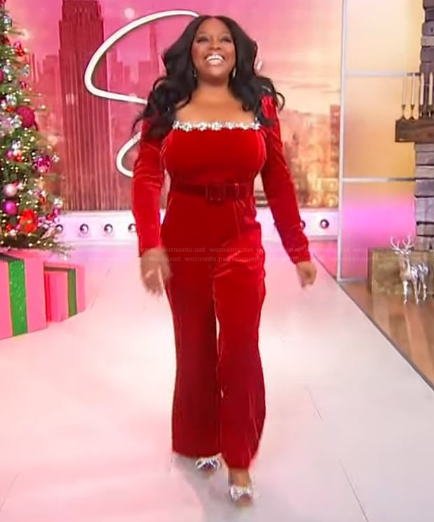 Sherri’s red velvet embellished jumpsuit on Sherri