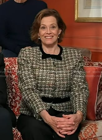 Sigourney Weaver’s tweed jacket with velvet bow on Good Morning America