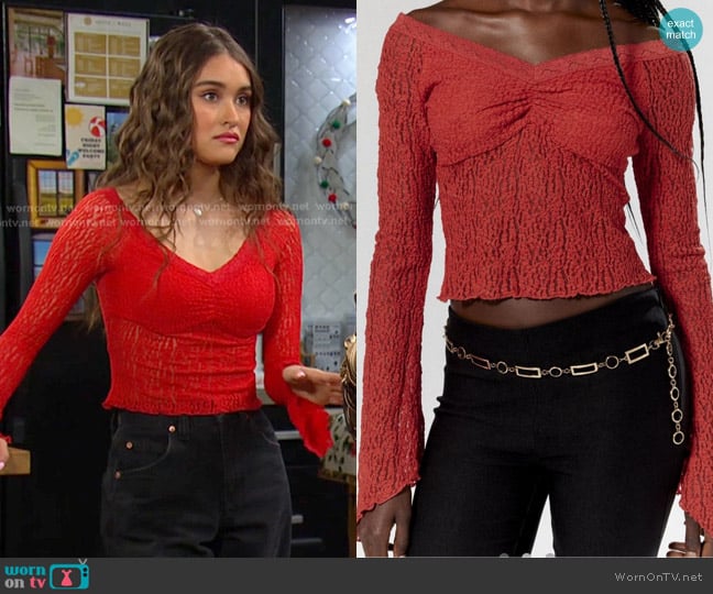 Silence + Noise Delphine Semi-Sheer Lace Top worn by Arianna Horton (Marissa Reyes) on Days of our Lives