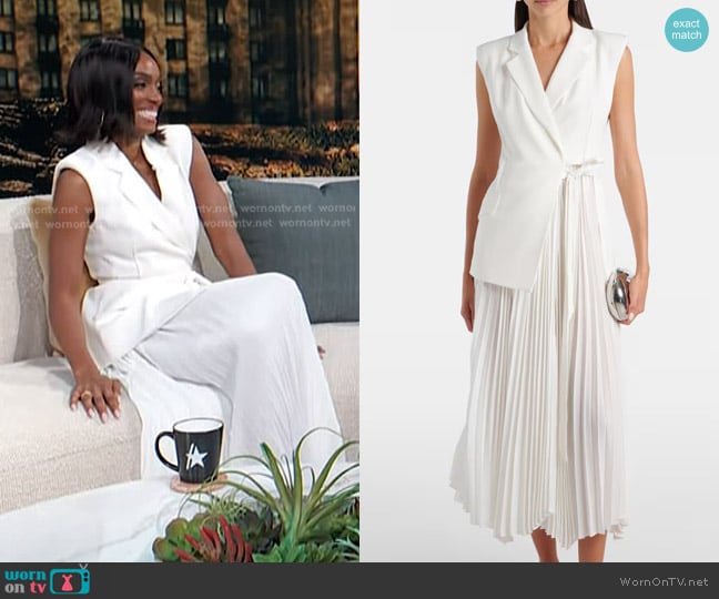 Frances Turner’s white pleated blazer dress on Access Hollywood Frances Turner’s white pleated blazer dress on Access Hollywood