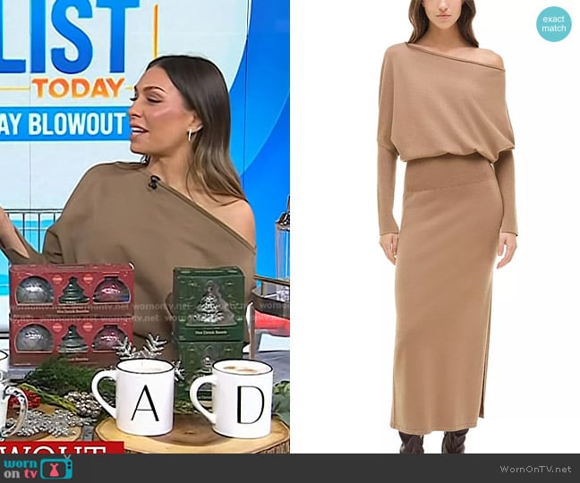 Simkhai Janese Off Shoulder Midi Dress in Camel worn by Melissa Garcia on Today