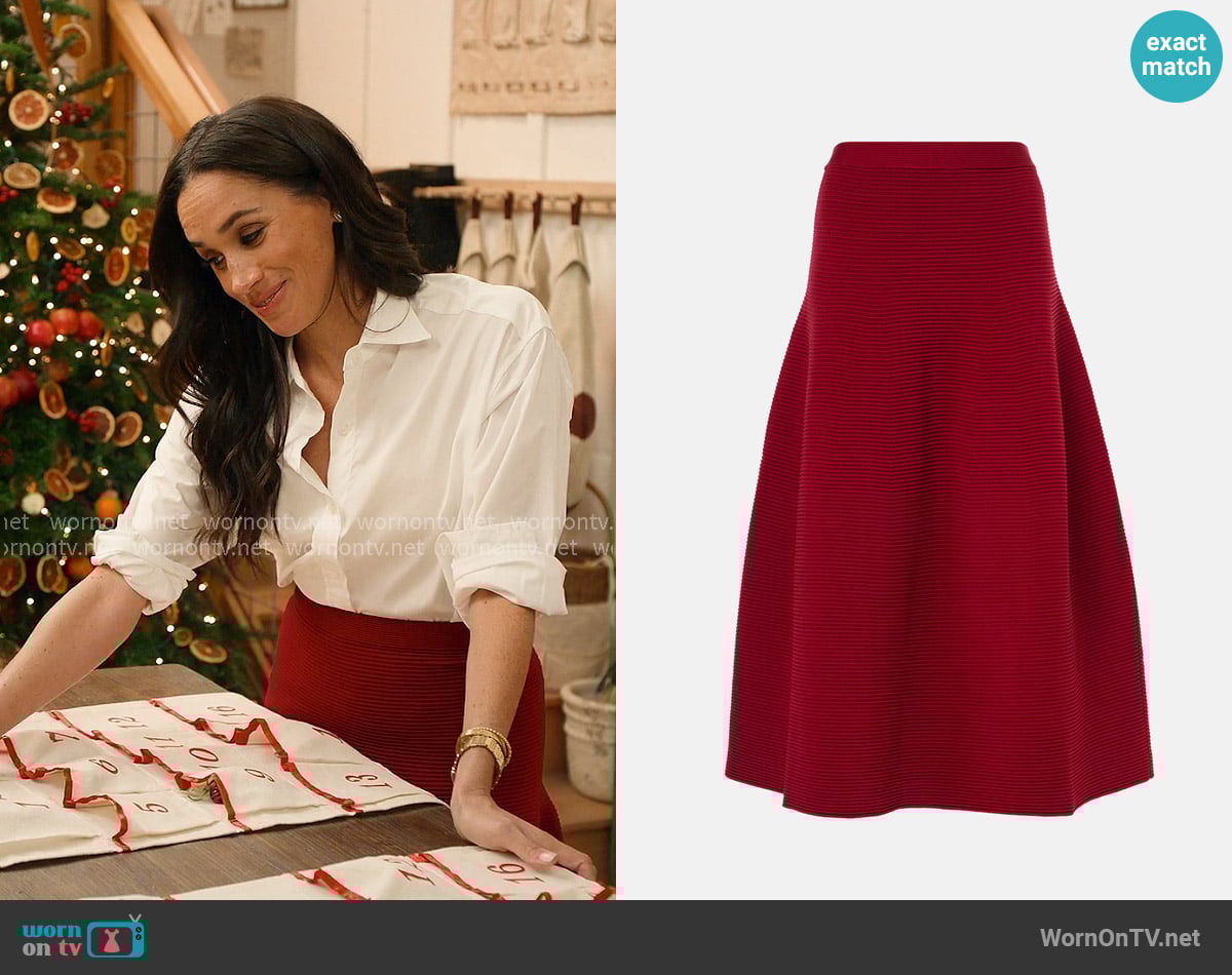 Simkhai Jennifer ribbed-knit midi skirt worn by Meghan Markle on With Love Meghan