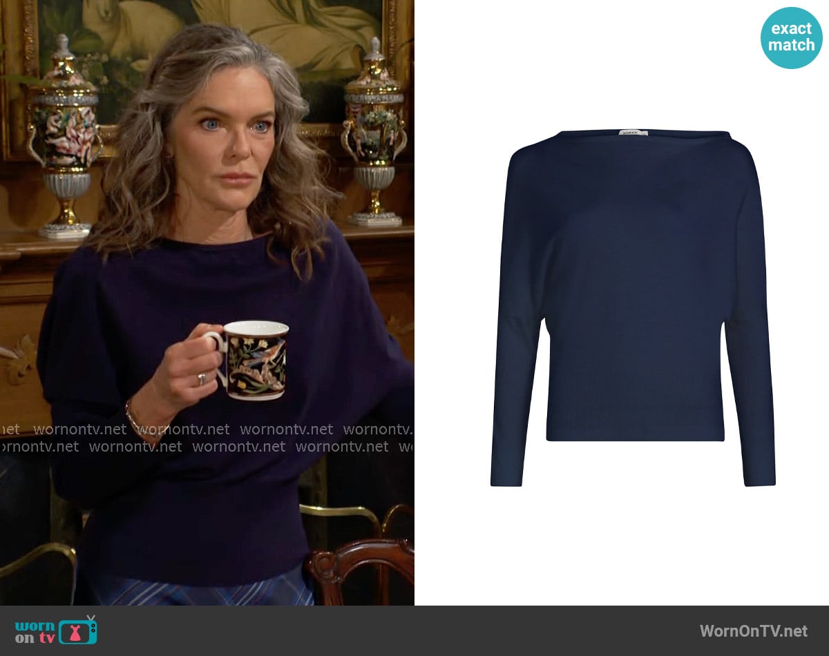 Simkhai Lavina Wool-Blend Off-the-Shoulder Sweater in Midnight worn by Diane Jenkins (Susan Walters) on The Young and the Restless