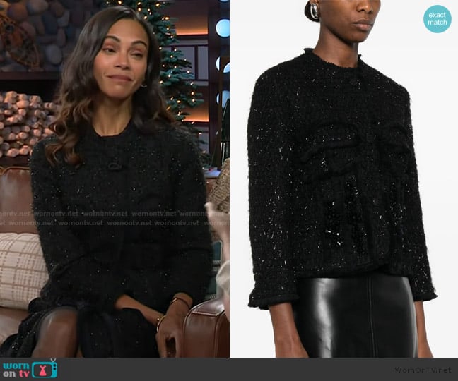 Simone Rocha Sequin-embellished tweed jacket worn by Zoe Saldana on The Kelly Clarkson Show