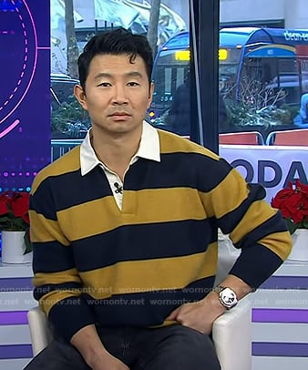 Simu Liu’s yellow stripe rugby polo sweater on Today