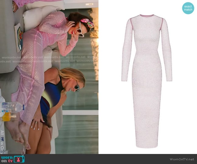 SKIMS x Swarovski Stretch Net Long Sleeve Dress in Bubble Gum worn by Bronwyn Newport on The Real Housewives of Salt Lake City