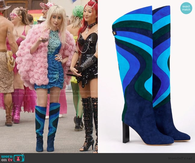 Skorpios Aurora High Heel Suede Patchwork Boots worn by Emily Cooper (Lily Collins) on Emily in Paris