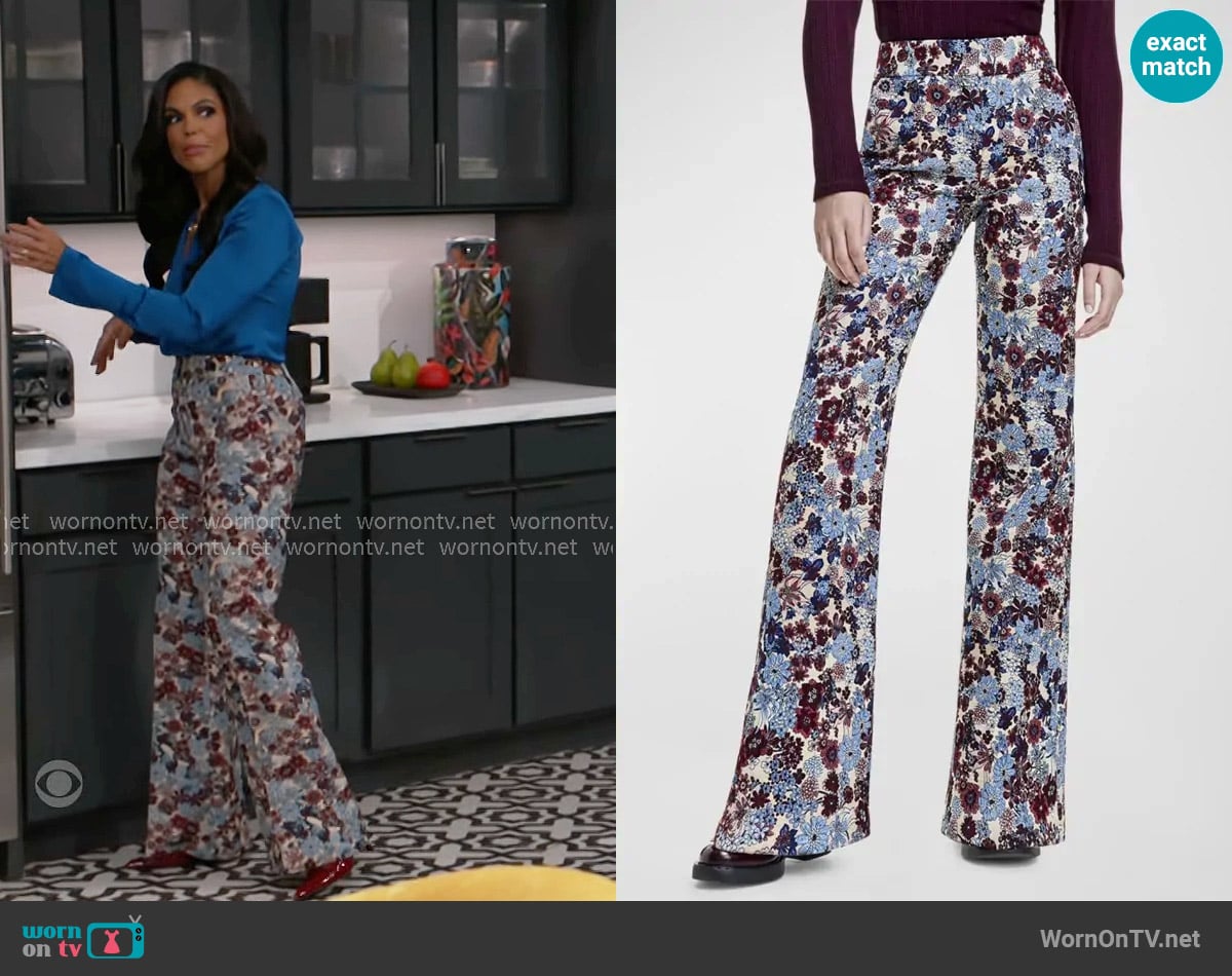 Smythe Floral Jacquard Straight-Leg Trousers worn by Dani Dupree (Karla Mosley) on Beyond the Gates
