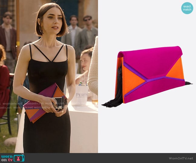 Sotevy Marylin Clutch in Cosmo worn by Emily Cooper (Lily Collins) on Emily in Paris