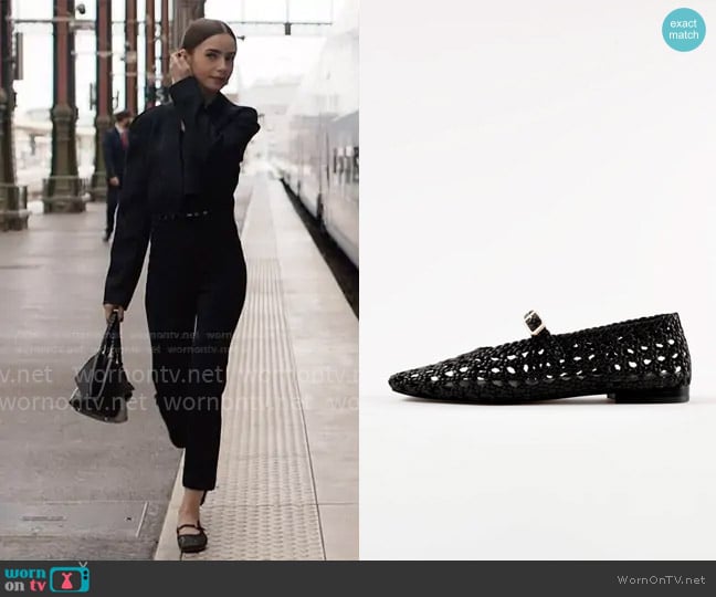 Souliers Martinez PARIS Black Woven Leather Ballerina worn by Emily Cooper (Lily Collins) on Emily in Paris