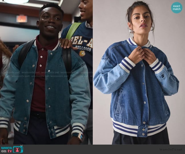 Starter Colorblock Denim Varsity Bomber Jacket worn by Carlton Banks (Olly Sholotan) on Bel-Air