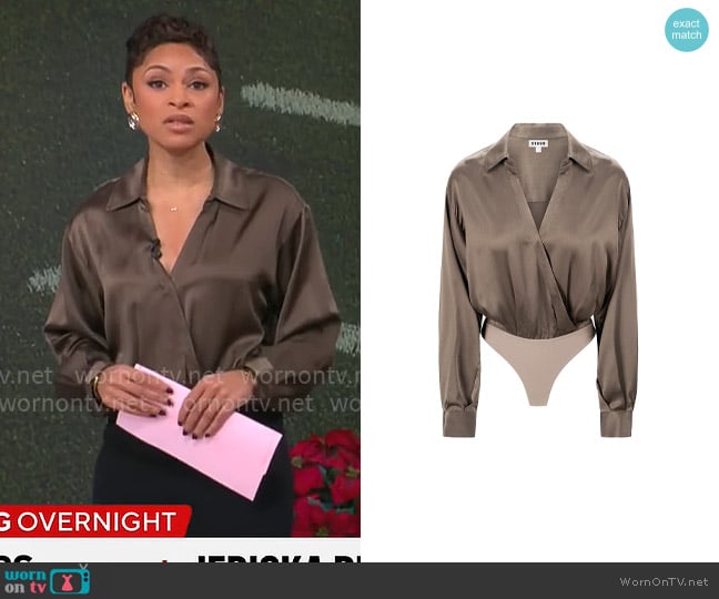 Staud Eve Stretch-Silk Surplice-Neck Bodysuit in Taupe worn by Jericka Duncan on CBS Mornings