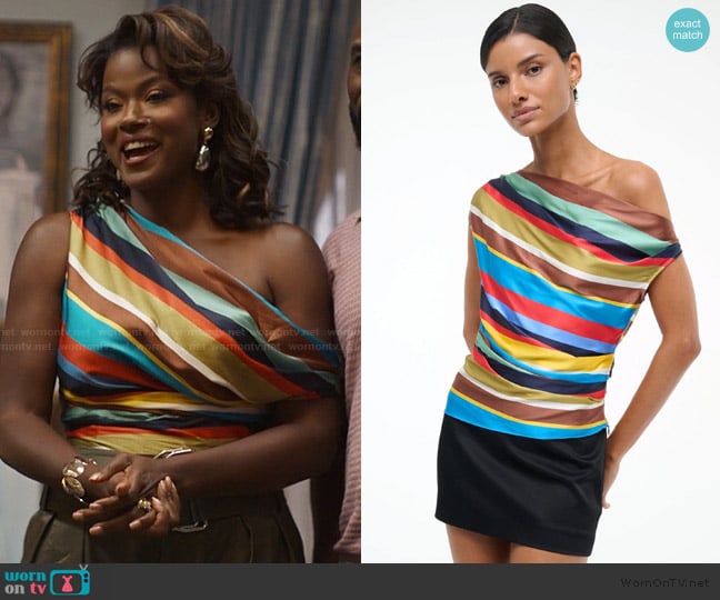 Staud Phare Silk Top in Market Stripe worn by Vivian Banks (Cassandra Freeman) on Bel-Air