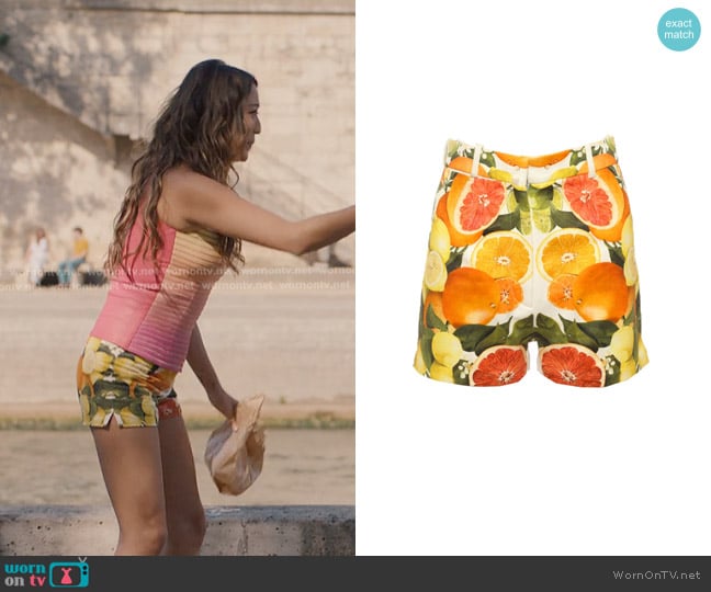 Stella McCartney Citrus Print Cotton Mini Shorts worn by Mindy Chen (Ashley Park) on Emily in Paris
