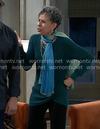 Stella's teal twist-hem sweater on General Hospital