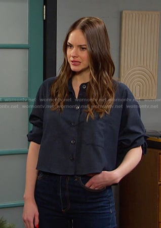 Stephanie’s navy cropped button down shirt on Days of our Lives