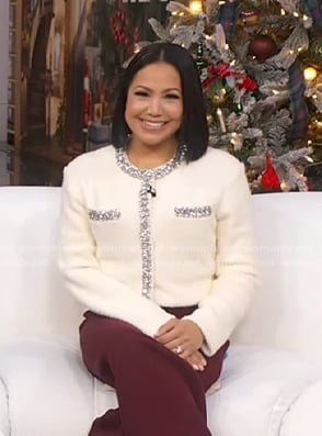 Stephnaie’s white rhinestone embellished jacket on Good Morning America