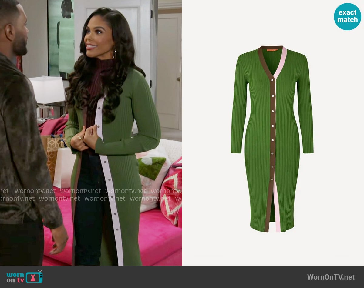 Stine Goya Cardigan Dress in Sage Green Multi worn by Dani Dupree (Karla Mosley) on Beyond the Gates
